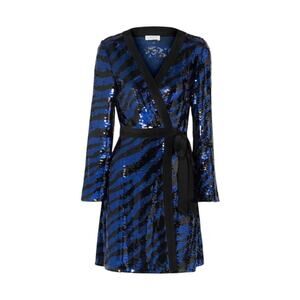 Rixo Blue & Black Sequin Tiger Stripe Maria Wrap Mini Dress Size XL